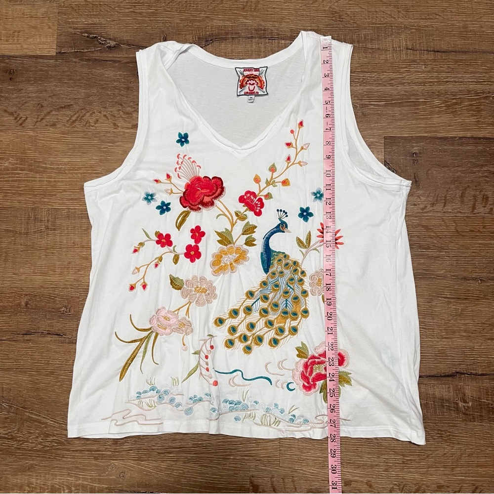 Johnny Was White Tank Top with Multicolor Floral & Peacock Embroidery - Picture 5 of 11